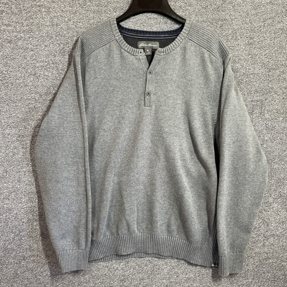 Eddie Bauer Sweater Mens 2XL Gray Cotton Henley Ribbed Knit Long Sleeve Pullover